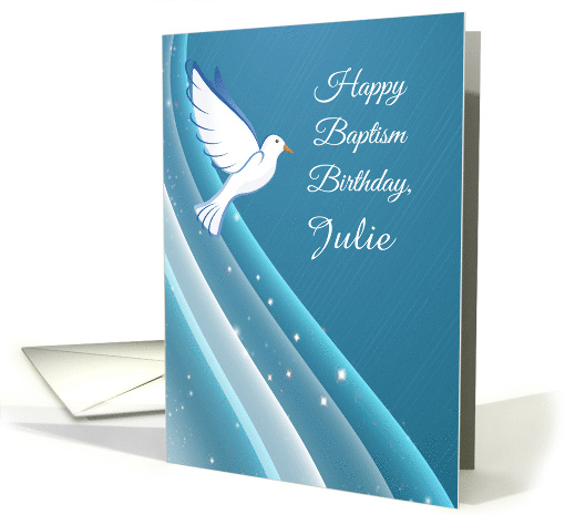 Custom Name Baptism Anniversary Dove on Blue Waters card (1937012)