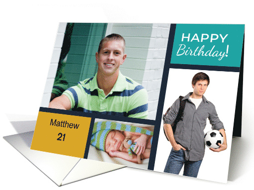 Birthday 3 Photo Collage Teal and Goldenrod Modern Style card