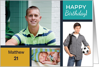 Birthday 3 Photo Collage Teal and Goldenrod Modern Style card