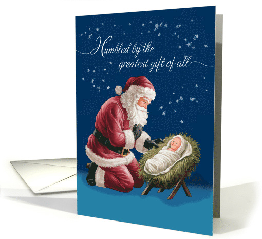 Christmas Santa Kneeling in Front of Baby Jesus Starry Sky card