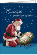Christmas Santa Kneeling in Front of Baby Jesus Starry Sky card