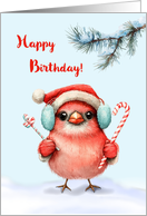  Winter Birthday Cute Bird in Santa Hat with Candy Canes card
