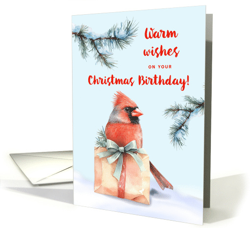  Christmas Birthday Cardinal with Gift in Watercolor Snow. card