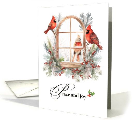 Peace and Joy at Christmas Cardinal Birds in Winter Window card