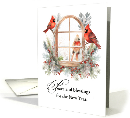 New Year Peace and Blessings Cardinal Birds in Winter Window card