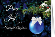 Neighbor Holiday Greetings Bright Joyful Blue Ornament on Winter Bough card