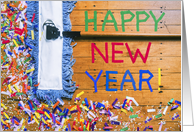 Happy New Year Celebration with Colorful Confetti and Broom card