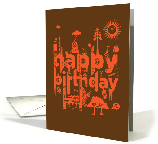 Stylized Word Illustration and Character Doodles Happy Birthday card