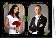Holiday Card With 2 Photos and Festive Greenery Red and White Accents card