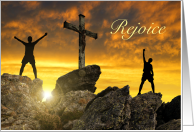 Rejoice Happy Easter with Mountaintop Cross & 2 Joyful People card