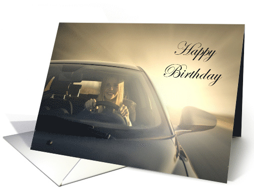 Happy Birthday Blonde Driving Car at Sunrise Sunset card (1690788)