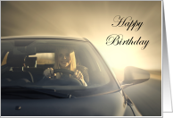 Happy Birthday Blonde Driving Car at Sunrise Sunset card