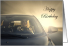 Happy Birthday Blonde Driving Car at Sunrise Sunset card