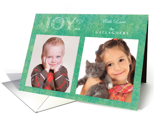 Two Photo Swirly Joy Holiday Card With Any Name and Any Year card