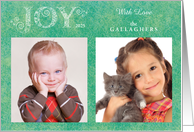 Two Photo Swirly Joy Holiday Card With Any Name and Any Year card