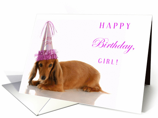 Happy Birthday Girl with Dachshund Puppy Dog in Birthday Hat card