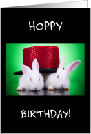 Hoppy Birthday with Two Cute White Gray Bunny Rabbits card