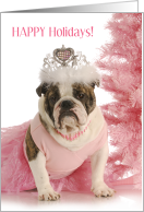 Happy Holidays with English Bulldog in Pink Tutu with Fake Xmas Tree card