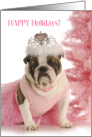 Happy Holidays with English Bulldog in Pink Tutu with Fake Xmas Tree card