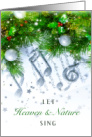 Musical Christmas with Silver Hued Music Notes and Festive Greenery card