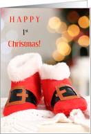 Happy First Christmas with Santa Booties and Bokeh Lights card