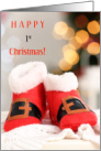 Happy First Christmas with Santa Booties and Bokeh Lights card