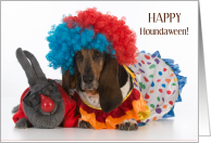 Happy Houndaween Halloween with Dressed Up Bunny Rabbit and Basset Hound card