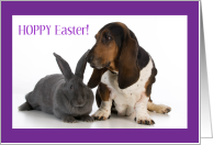 Hoppy Easter with Big Gray Bunny Rabbit and Basset Hound Puppy Dog card