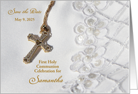 Save the Date First Holy Communion with Gold Cross and White Dress card