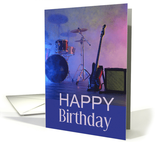 Happy Birthday Rock and Roll with Drums Cymbals Guitar and Amp card