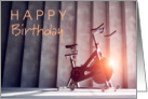 Happy Birthday with Exercise Bike in the Sun in a Gym card