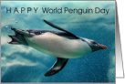 Happy World Penguin Day with Swimming Penguin in Blue Water card