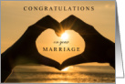 Congratulations on Your Marriage with Hands Heart at Sunset on Beach card