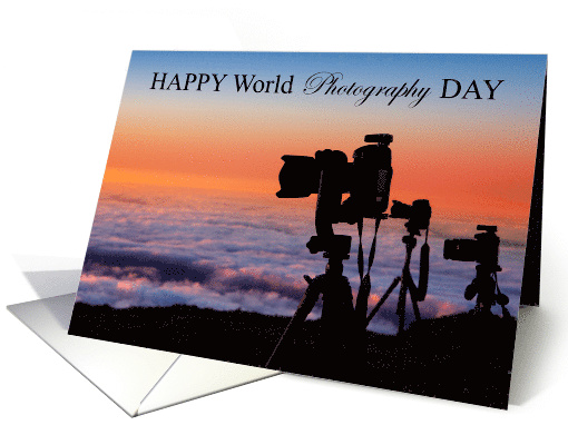 Happy World Photography Day August 19 with Cameras Tripods Sunset card