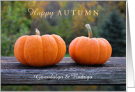 Happy Autumn Fall Season with Pumpkins and Foliage in the Background card