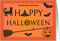 Happy Halloween Any Name Relation with Cat Hat Bats Broom and Pumpkin card