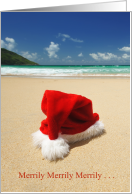 Santa Hat Merrily on Beach with Sand and Pretty Waves card