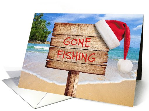 Gone Fishing Islands Merry Christmas with Santa Hat card (1810872)