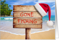 Gone Fishing Islands Merry Christmas with Santa Hat card