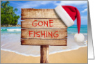 Gone Fishing Islands Merry Christmas with Santa Hat card