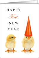 Happy 1st New Year with 2 Adorable Chicks and 1 Party Hat card