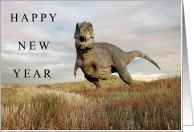 Happy New Year with Dinosaur on Grassy Hill card