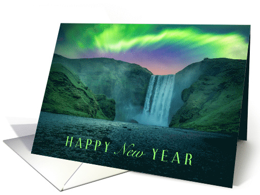 Happy New Year with Waterfall and Aurora Borealis card (1811262)