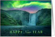 Happy New Year with Waterfall and Aurora Borealis card