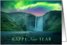 Happy New Year with Waterfall and Aurora Borealis card