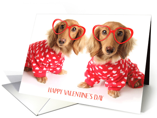 Happy Valentine's Day Twin Great Granddaughters with Hearts Dogs card