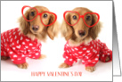 Happy Valentine’s Day Twin Great Granddaughters with Hearts Dogs card
