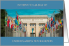 International Day of United Nations Peacekeepers May 29 with UN building flags card