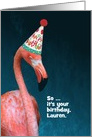 Custom Unimpressed Flamingo in Happy Birthday Party Hat card