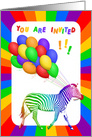 Rainbow Striped Zebra with Balloons Party Invitation card